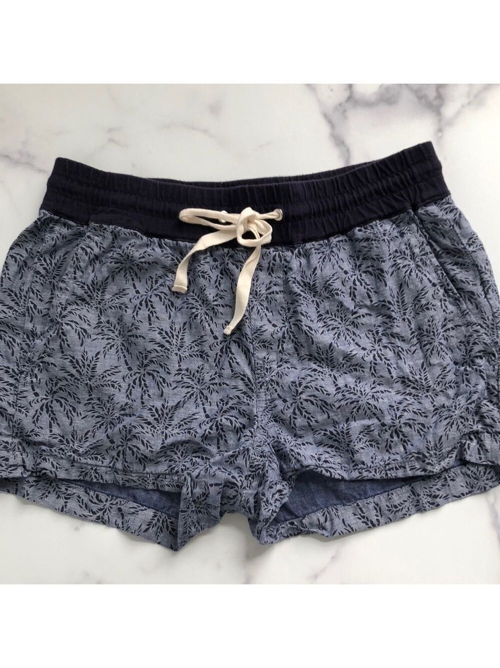 J Crew Palm Tree Shorts Navy Blue Pull On Cotton Linen Size 2